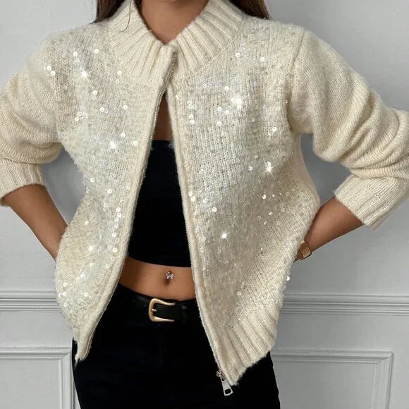 Apricot Casual Women's Fashion Sequin Knit Zip-Up Cardigan - Picture 1 of 6